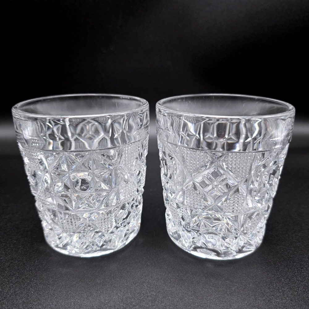 Vintage Hobstar‎ Diamond Pressed Glass Whiskey Rocks Tumblers Set of 2 Clear